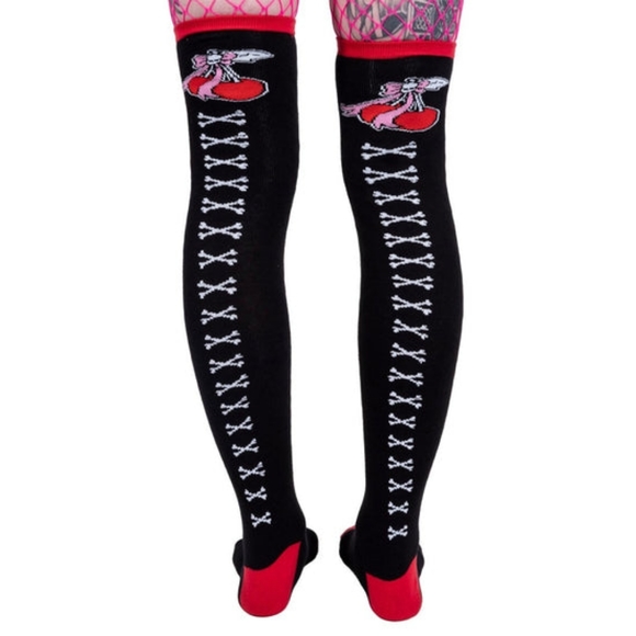 Too Fast Cherry Bow Tattoo Thigh High Socks NWT - Picture 2 of 6